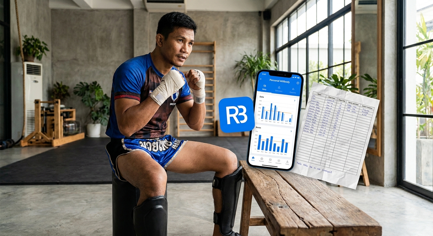 Instrutor de Muay Thai usando o app Personal Millbody ao lado de uma planilha amassada — a tecnologia venceu o papel