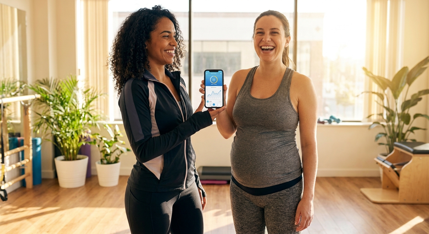 Treinadora de gestantes usando app Personal Millbody para acompanhar treino seguro de aluna grávida