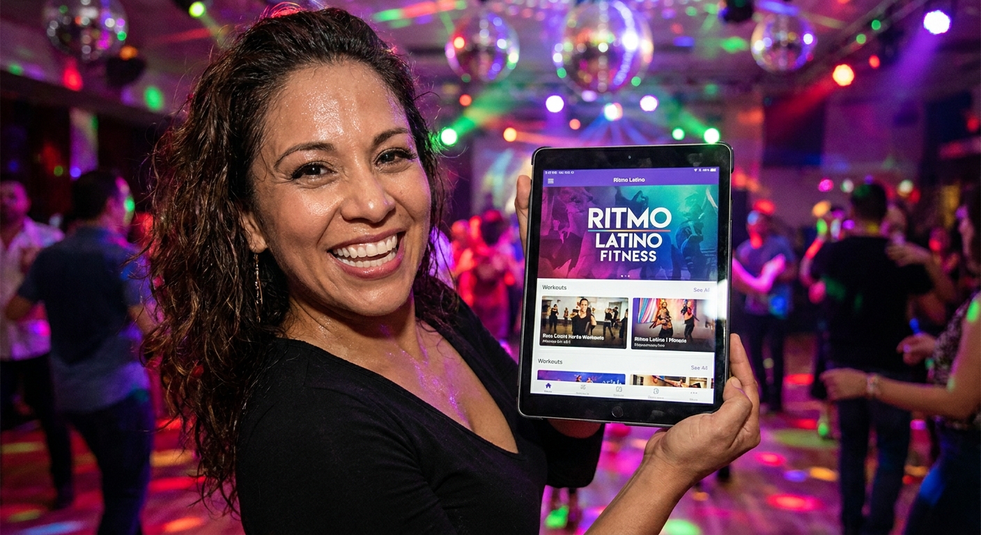 Professora de dança latina usando aplicativo de treinos Personal Millbody em tablet