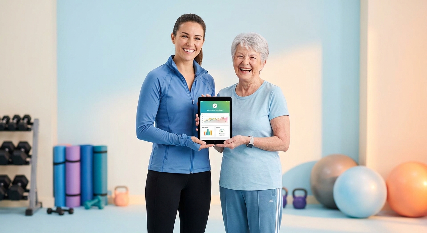 App para personal trainer de terceira idade - Personal Millbody Personal trainer sorridente ao lado de aluno da terceira idade utilizando app de treino no tablet