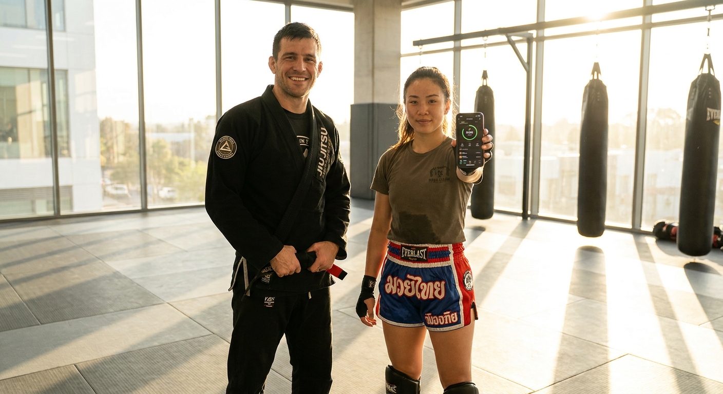 Instrutor de artes marciais usando app no celular com aluno