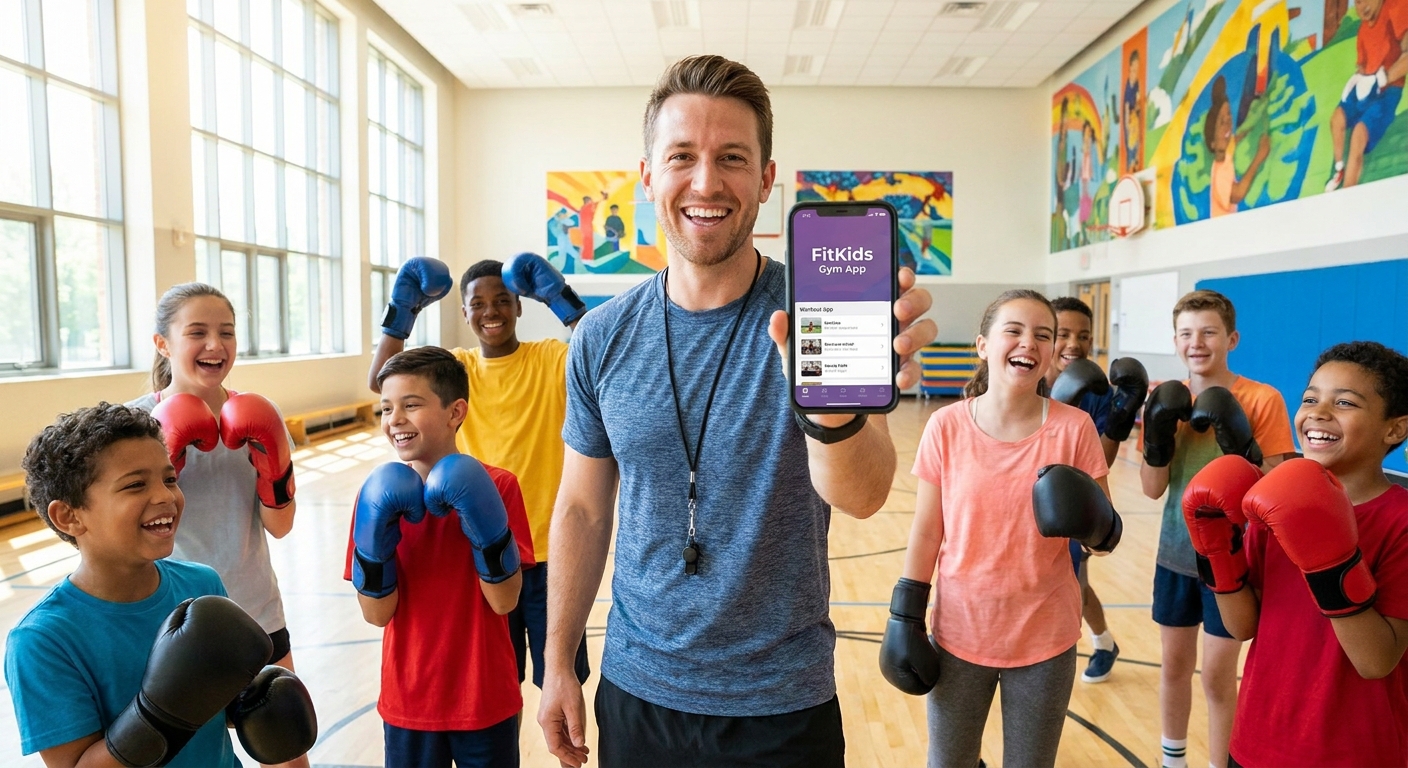 App Personal Millbody sendo usado por educador físico escolar para treino de boxe infantil