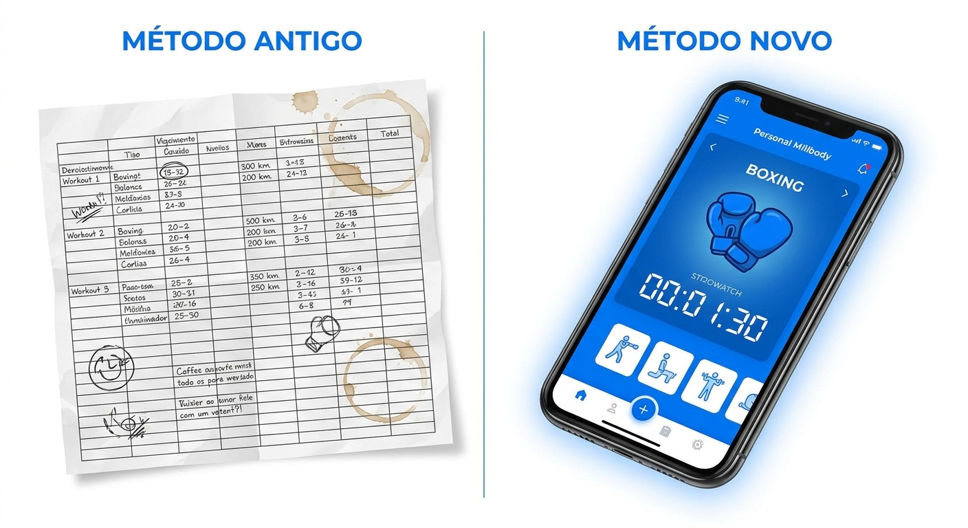Comparativo entre planilha de treinos amassada e app Personal Millbody para personal trainer de boxe