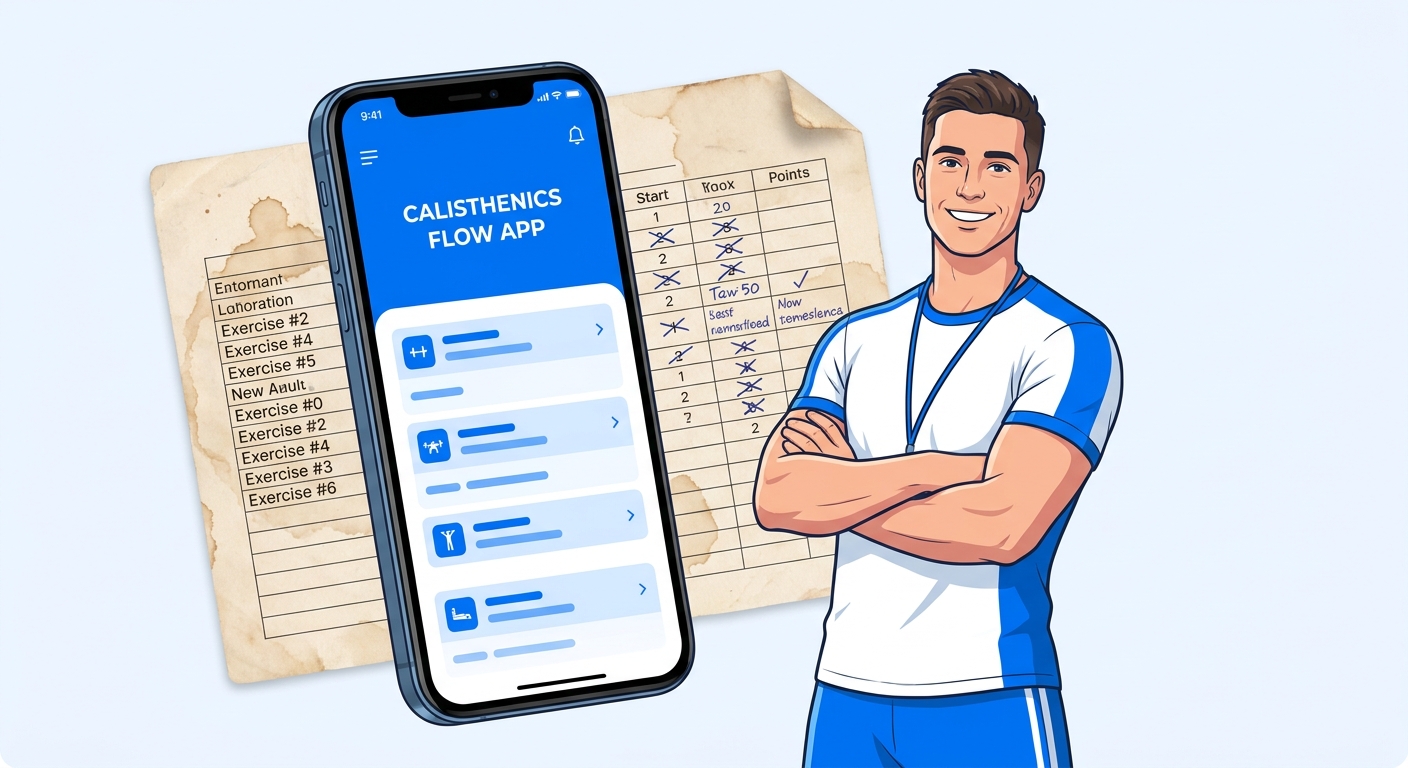 Instrutor de calistenia ao lado de smartphone com app de treinos e planilha antiga ao fundo
