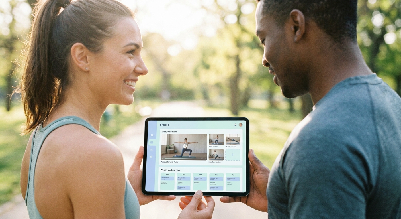 App vs Planilha de Treinos: Qual transforma sua carreira? Personal trainer e aluno utilizando app Personal Millbody durante treino leve ao ar livre