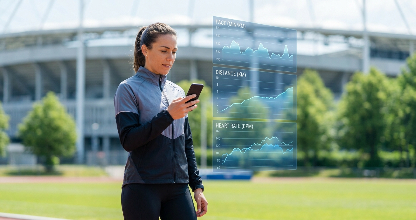 app para personal trainer de corrida segurando smartphone com gráficos de desempenho