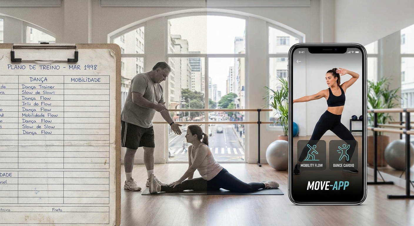 App para personal trainer de dança vs planilha de treino manual - comparação visual