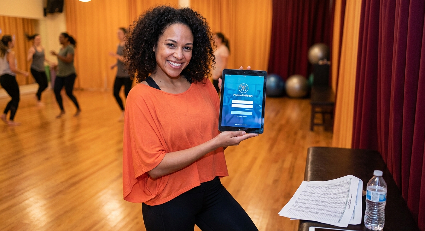 Professora de dança latina usando app Personal Millbody no tablet enquanto planilha de papel amassada está ao fundo