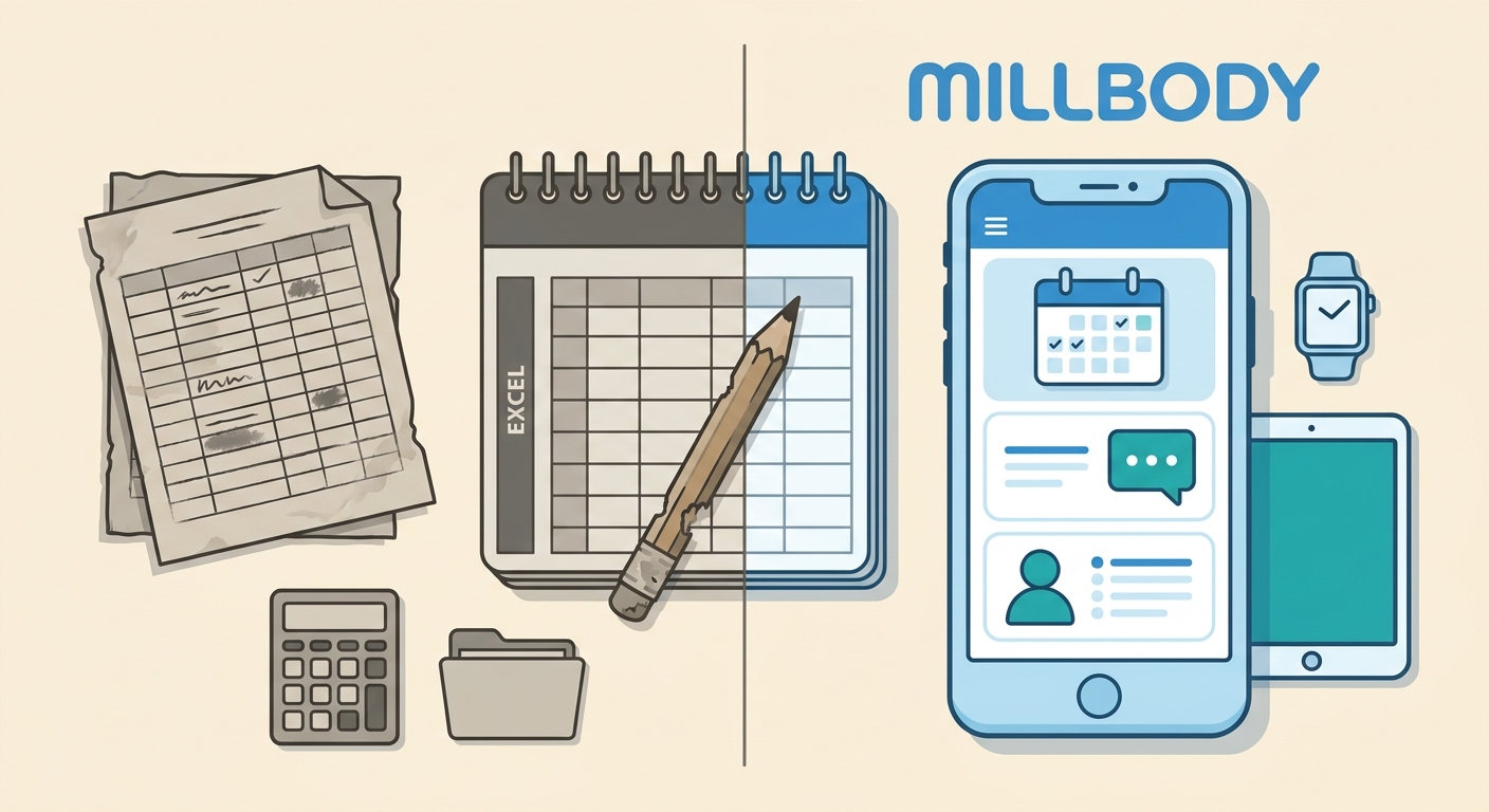Comparação entre app Millbody e planilha de treinos para personal trainer de Jiu-Jitsu