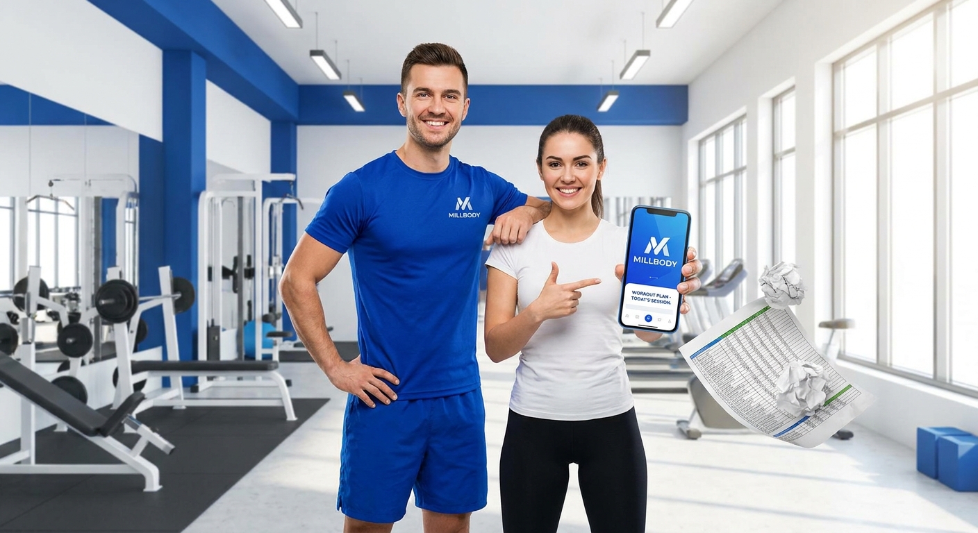 Comparativo entre planilha de treino desgastada e app Personal Millbody no smartphone, com fundo verde e natural