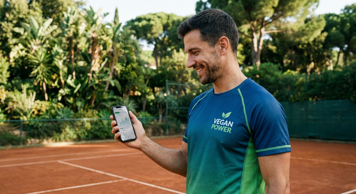 App vs planilha de treinos: personal trainer vegano usando tecnologia digital na quadra de tênis