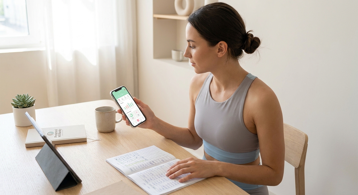 App Personal Millbody vs Planilha de Treinos para Personal Trainer App para personal trainer de Yoga sendo usado em smartphone ao lado de uma planilha de treinos em papel