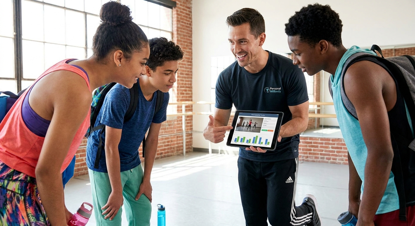 Professor de dança urbana usando app para personal trainer em tablet para gerenciar aulas e alunos