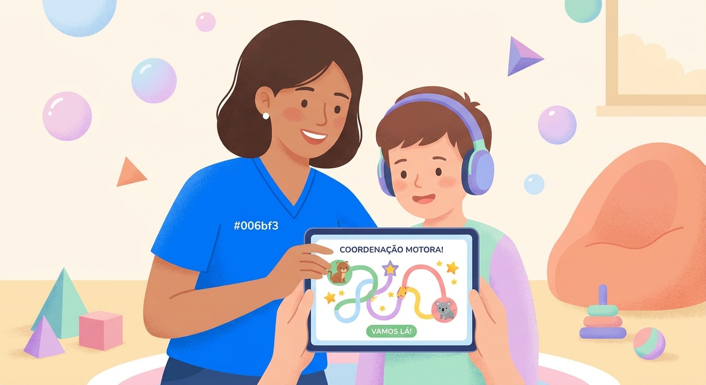 Educadora sorrindo ao lado de criança com autismo usando tablet com exercício lúdico de coordenação motora