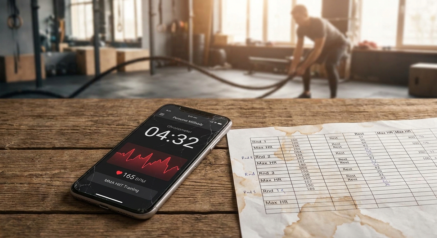 App Personal Millbody exibindo cronômetro para treino HIIT de MMA ao lado de planilha de papel amassada