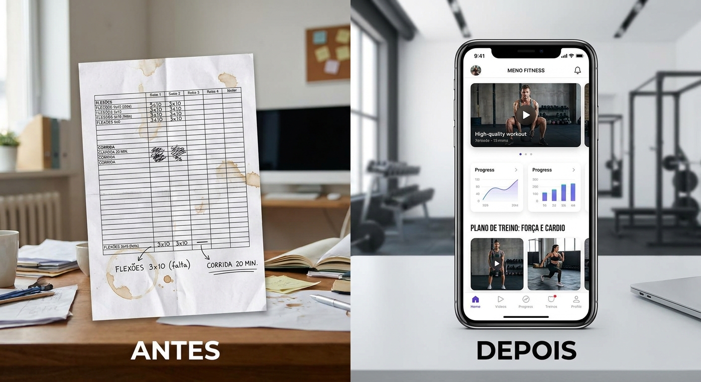 comparação entre planilha de treinos impressa e app para personal trainer no smartphone