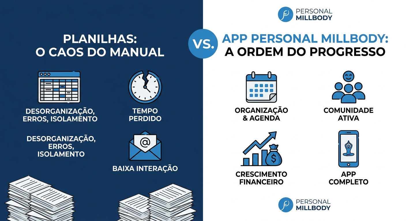 Comparação entre app para personal trainer yoga e planilha Excel, mostrando vantagens da tecnologia na gestão de alunos