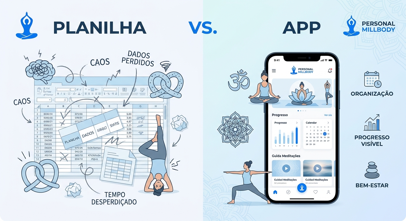 Comparativo visual entre planilha Excel e app para personal trainer de yoga mostrando vantagens da tecnologia