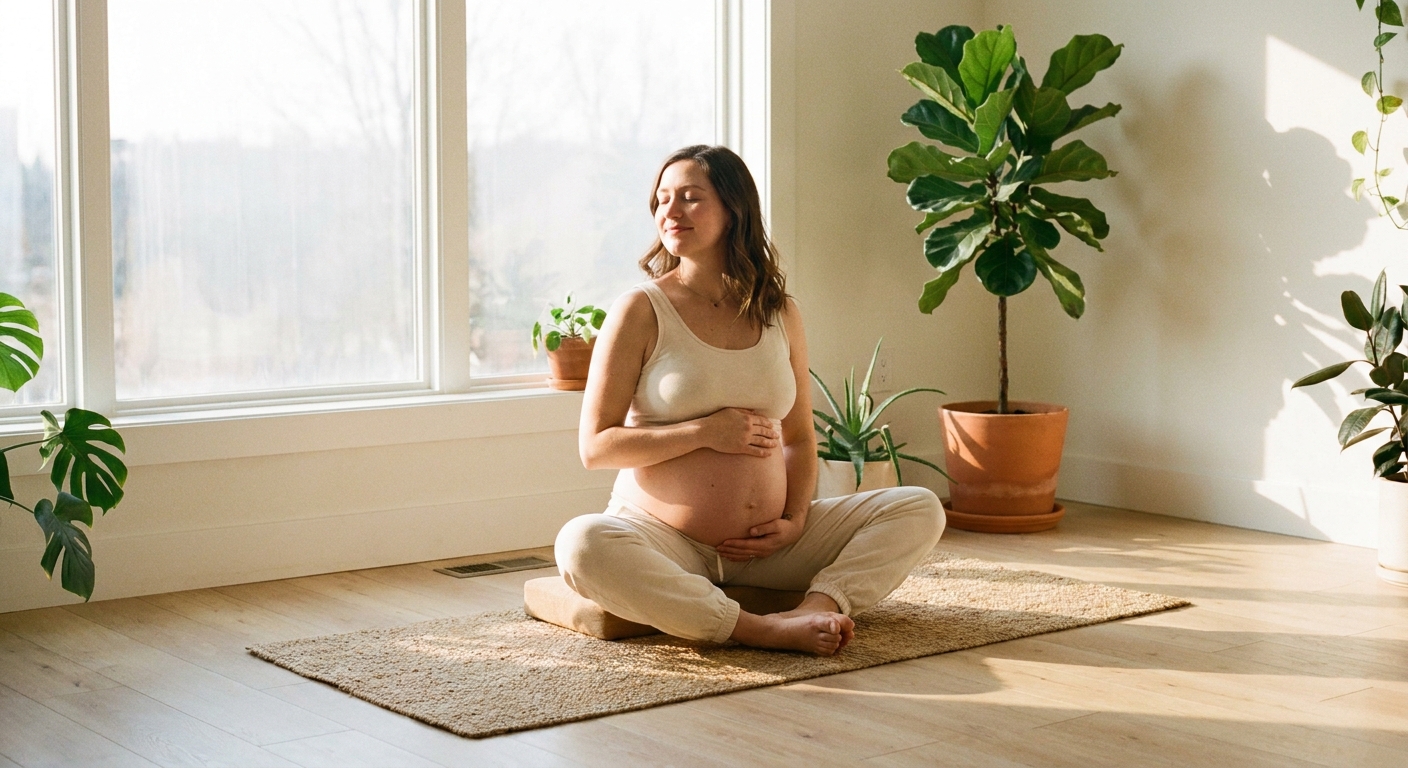 Mulher grávida praticando yoga pré-natal em casa usando um aplicativo de yoga para gestantes no smartphone