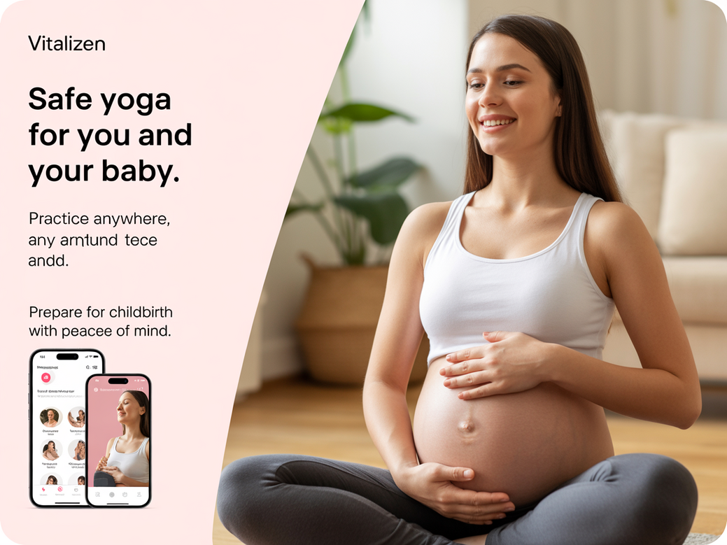 Mulher grávida praticando yoga em casa com a ajuda de um app de yoga para gestantes no celular.