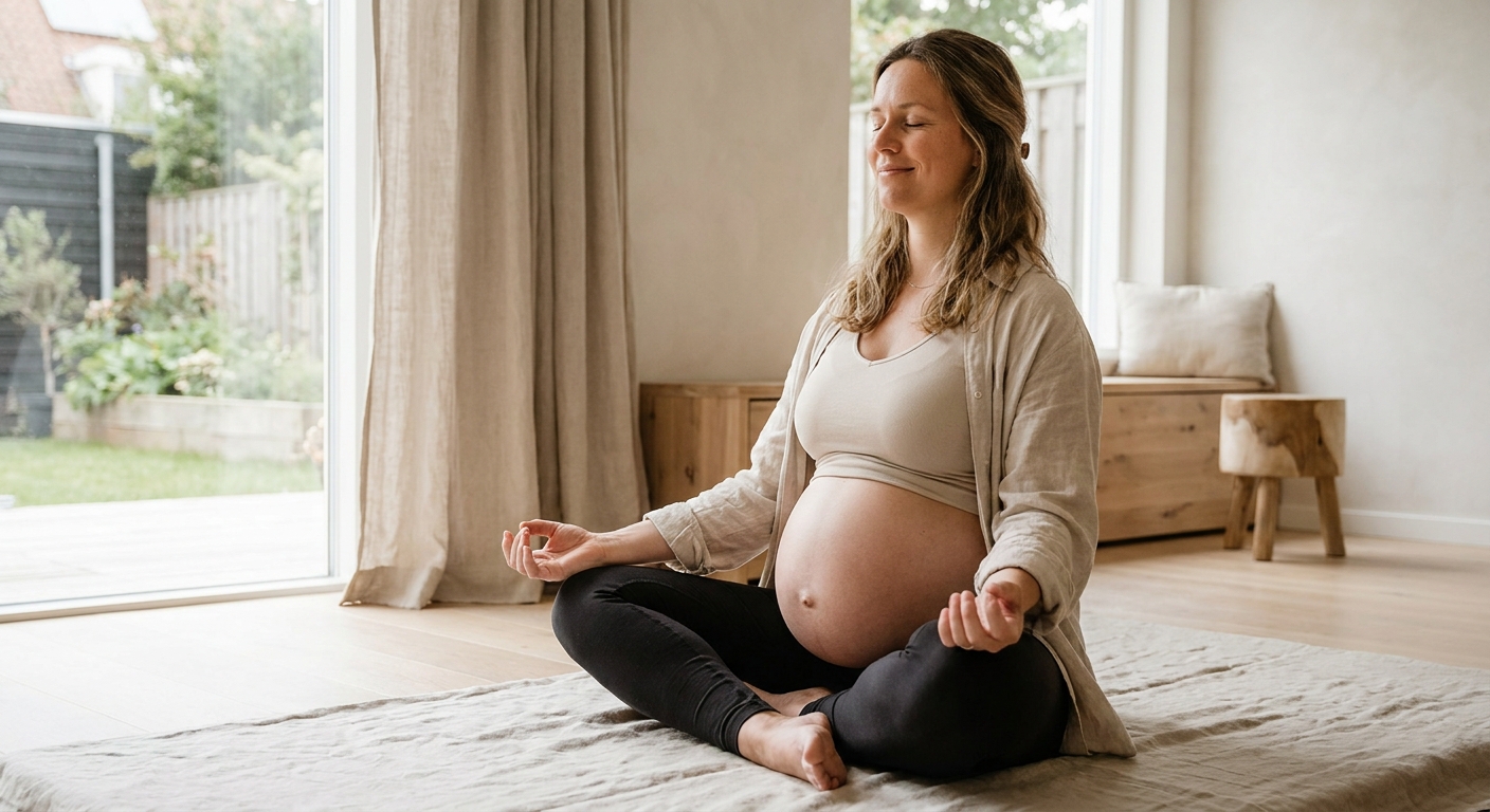 Mulher grávida praticando yoga com app em ambiente tranquilo