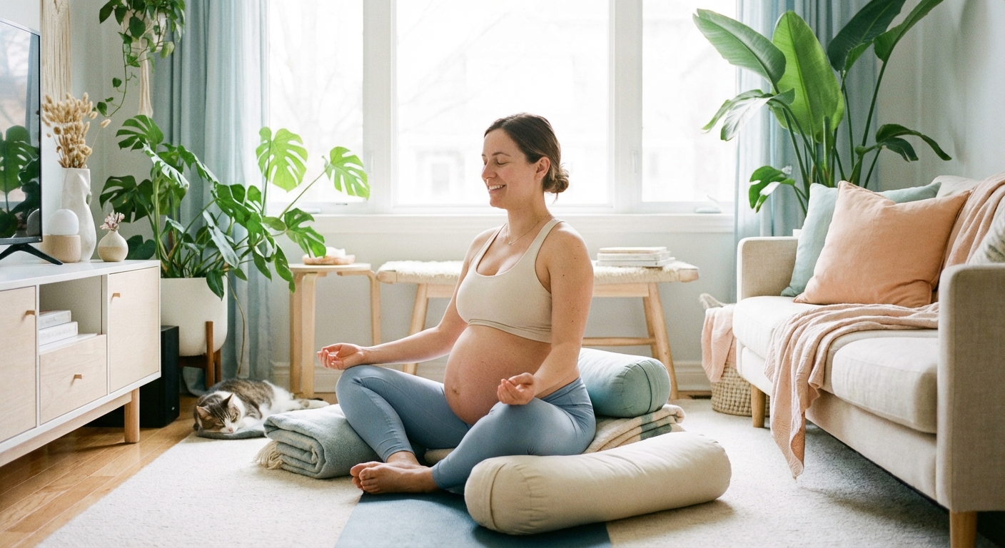 Mulher grávida praticando yoga em casa usando um app de yoga para gestantes, o Vitalizen