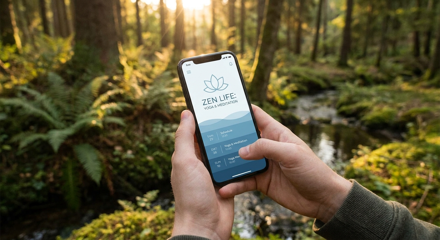 Smartphone com aplicativo de yoga e meditação sendo usado para bem-estar digital