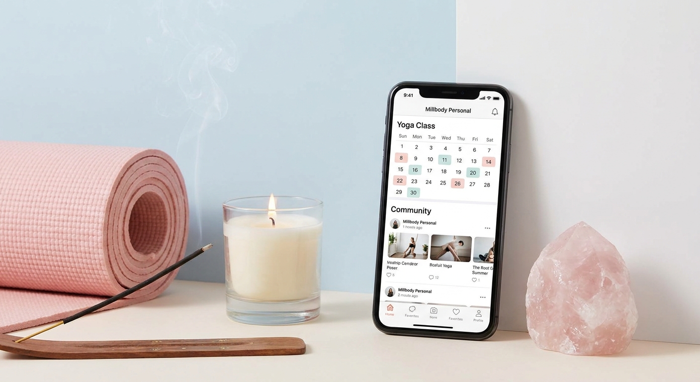 Aplicativo para instrutor de yoga Millbody Personal mostrando calendário de práticas e comunidade de alunas