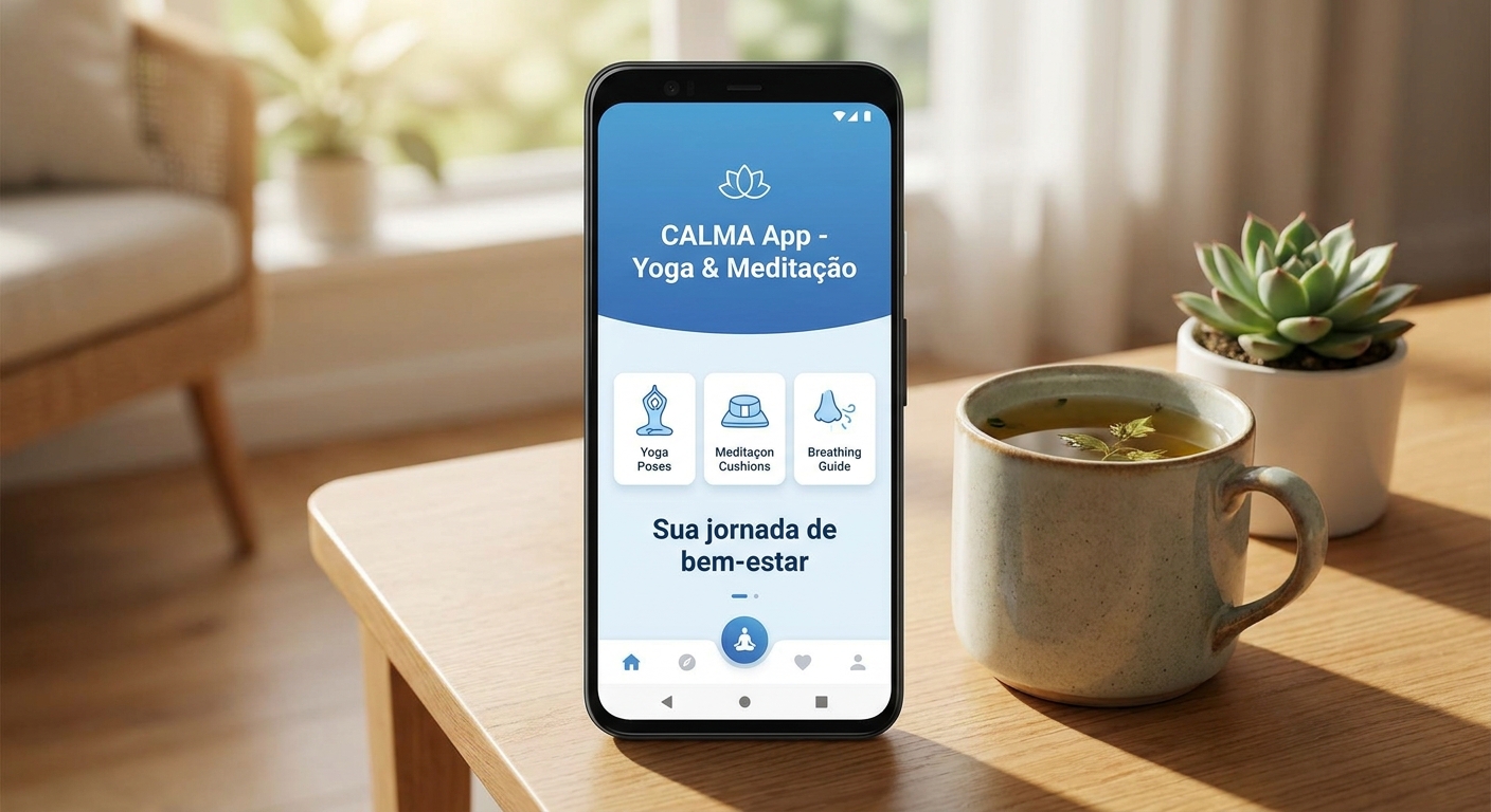 Tela do aplicativo Vitalizen mostrando interface moderna e acolhedora para yoga e meditação
