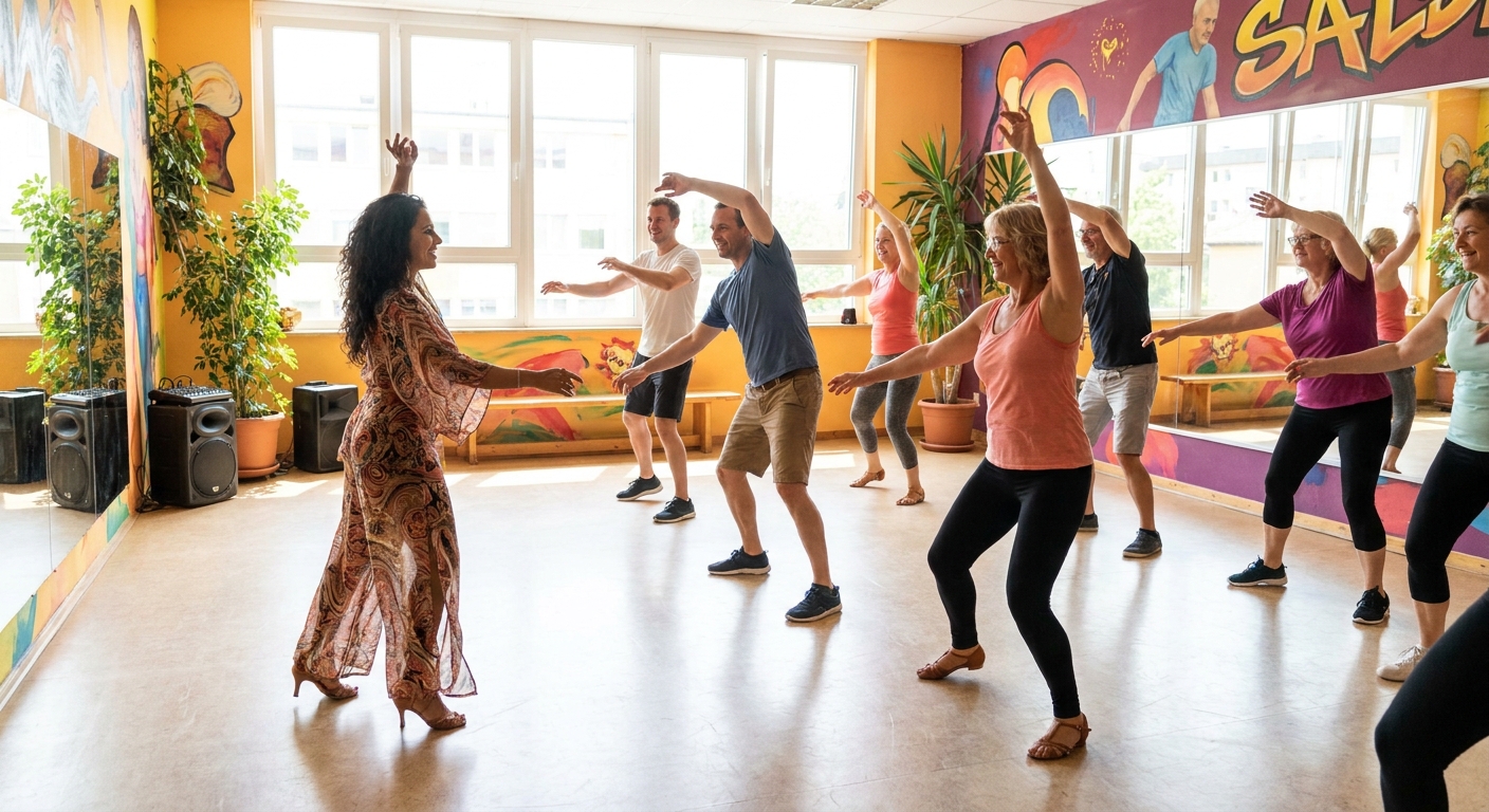 Aquecimento para salsa com alongamento dinâmico Professor de dança guiando alunos em aquecimento com alongamento dinâmico para salsa