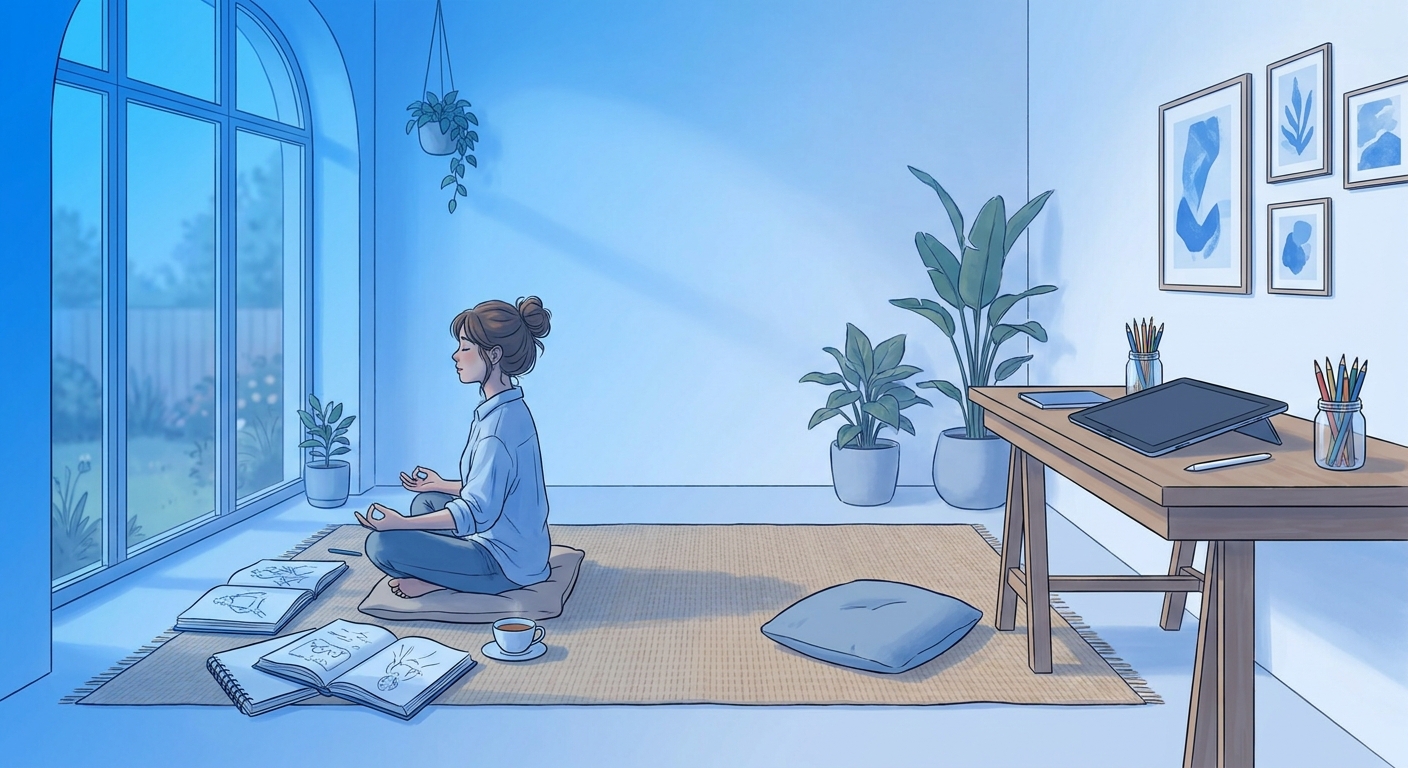 Artista criativo em momento de meditação e inspiração com Vitalizen