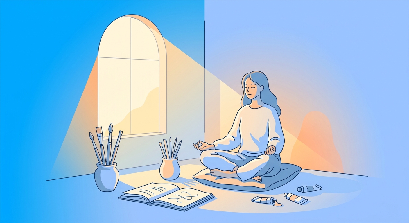 Artista meditando em meio a materiais criativos com luz natural