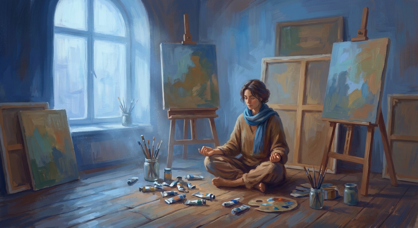 Artista meditando em meio a telas e pincéis com luz azul suave entrando pela janela — atmosfera de inspiração e calma.
