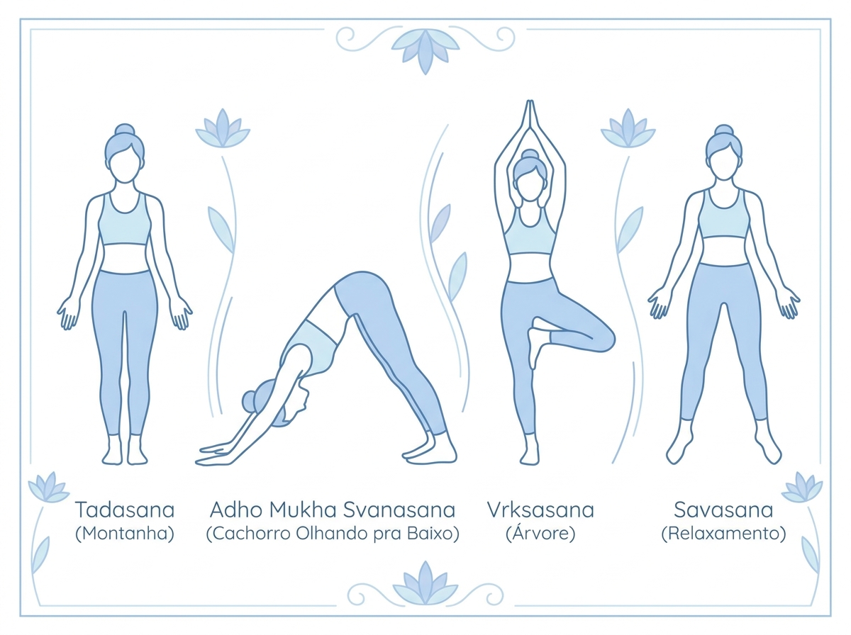 Ilustração dos principais asanas de yoga com nomes em português e sânscrito: Tadasana, Adho Mukha Svanasana, Vrksasana e Savasana