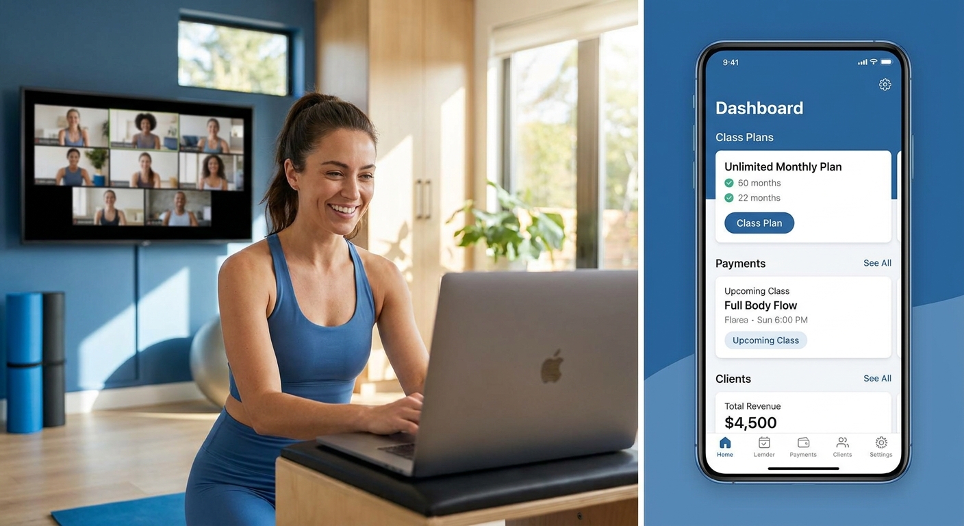Atendimento online Pilates e cobrança digital com Personal Millbody Professora de Pilates dando aula online e tela de cobrança digital do Personal Millbody