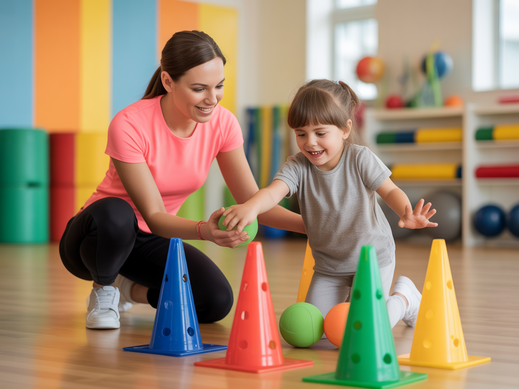 Educadora aplicando atividades lúdicas para autismo com foco na coordenação motora de uma criança em um ambiente de academia acolhedor, uma prática apoiada pela Personal Millbody.