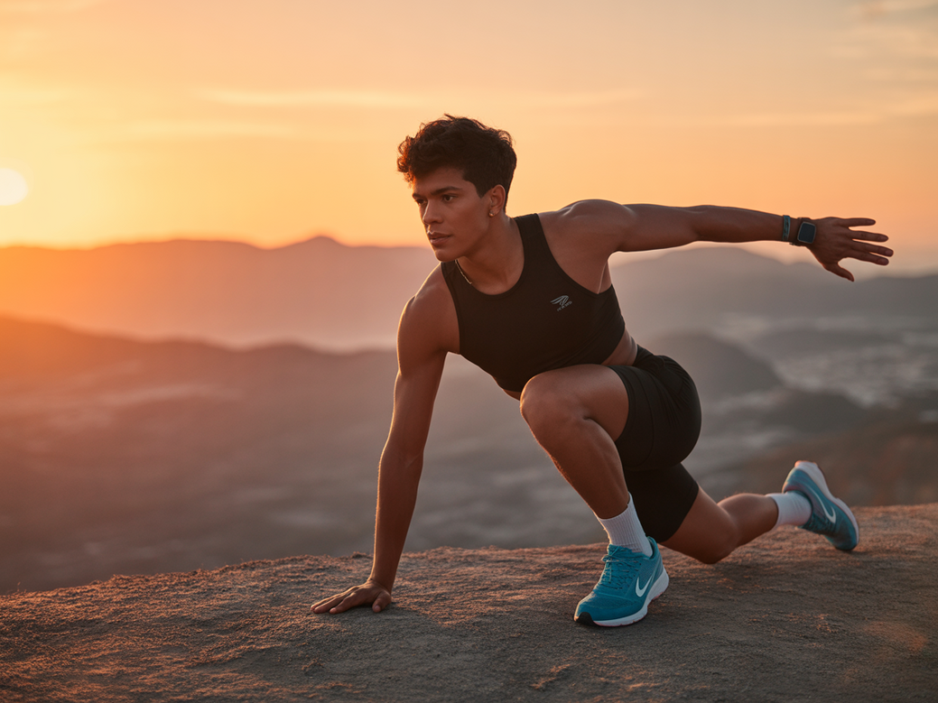 Athlete stretching at sunrise, an inspirational image for athletes focused on flexibility.
