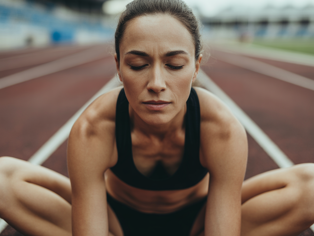 Atleta feminina em uma pista de corrida praticando a Postura do Pombo, um exercício chave do yoga para atletas.