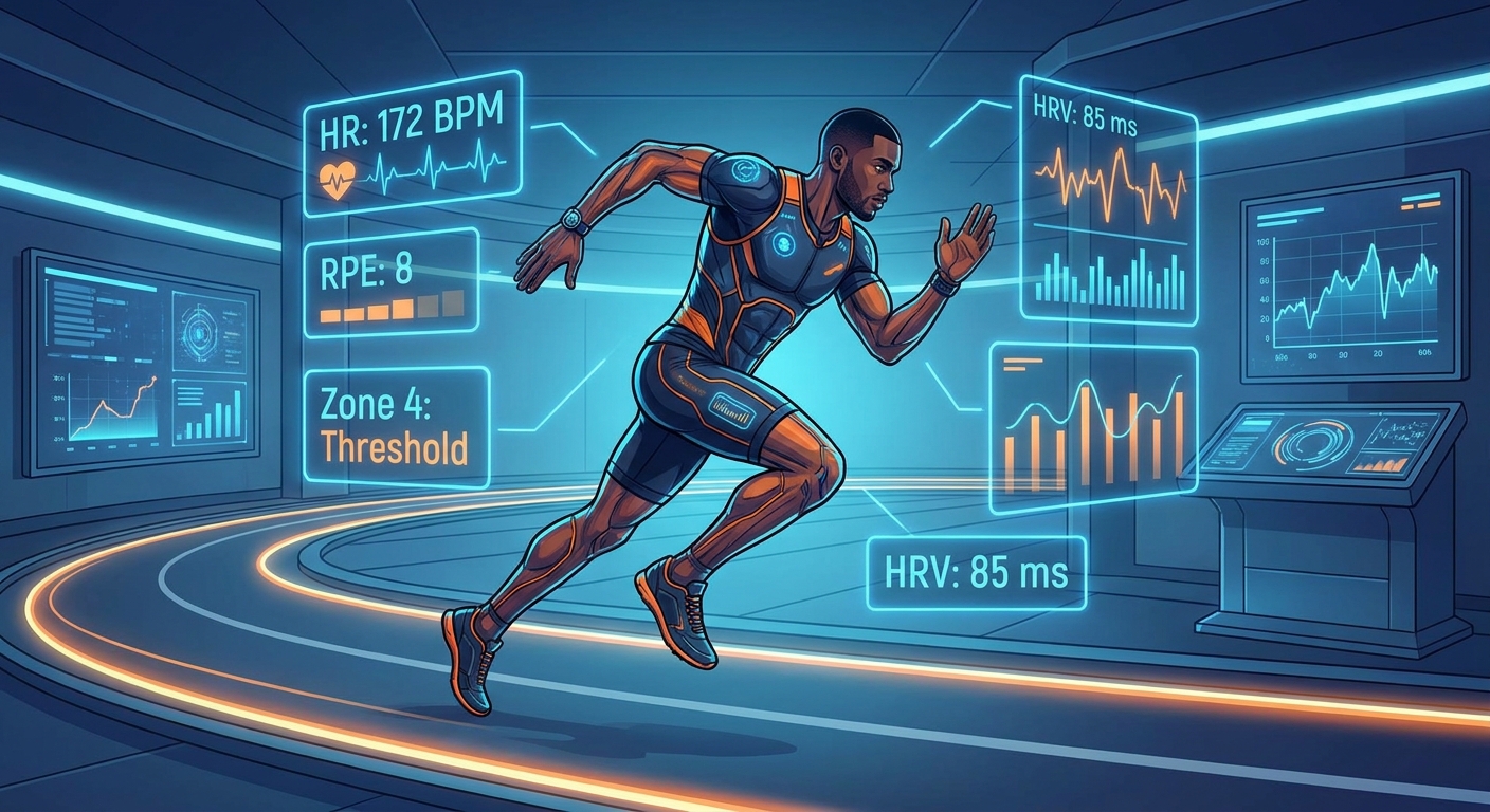 Atleta de alto rendimento cercado por dados de performance como frequência cardíaca, RPE, zonas de treinamento e VFC em ambiente tecnológico
