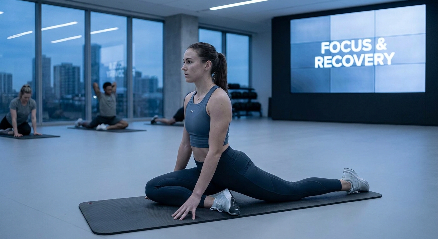 Atleta praticando yoga para alongamento profundo e recuperação mental