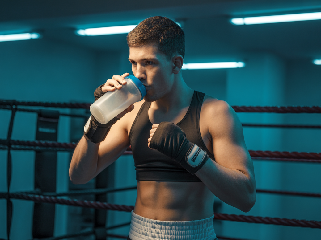 Atleta de boxe iniciante preparando seu suplemento de creatina em uma academia moderna.