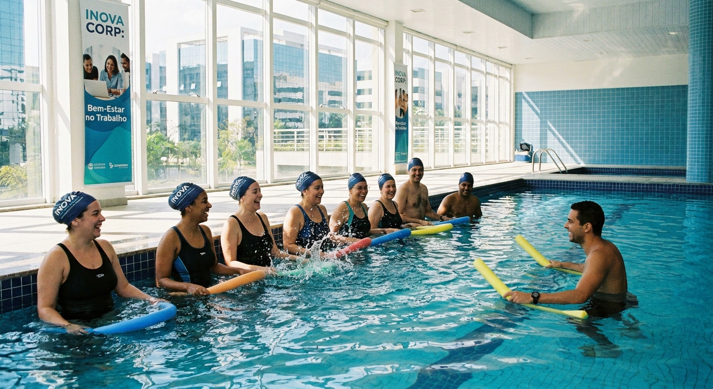 Aula corporativa de natação com funcionários sorrindo e personal trainer orientando exercícios na piscina, saúde ocupacional e bem-estar empresarial