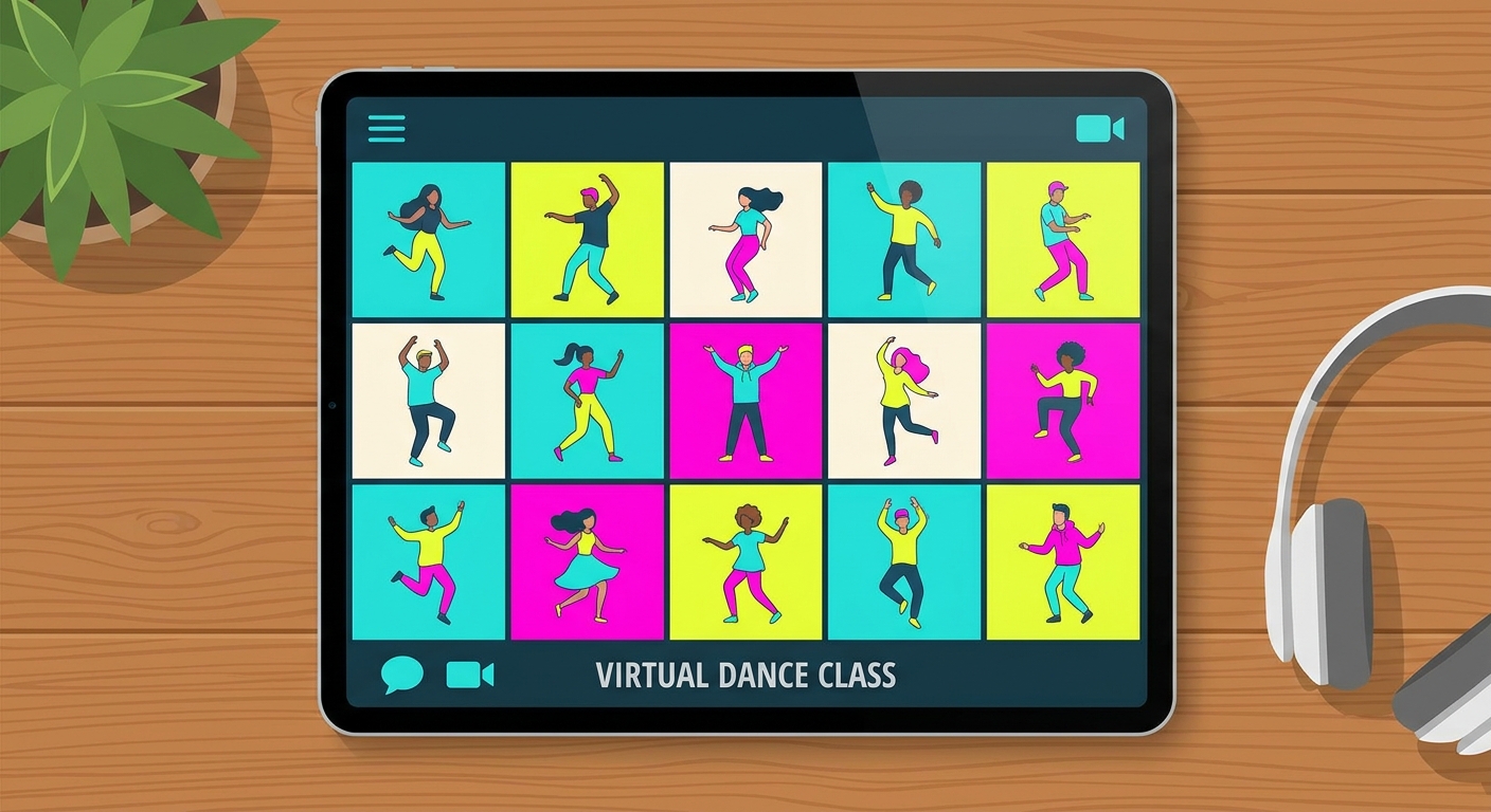 Aula de dança online ao vivo com alunos participando remotamente pela tecnologia