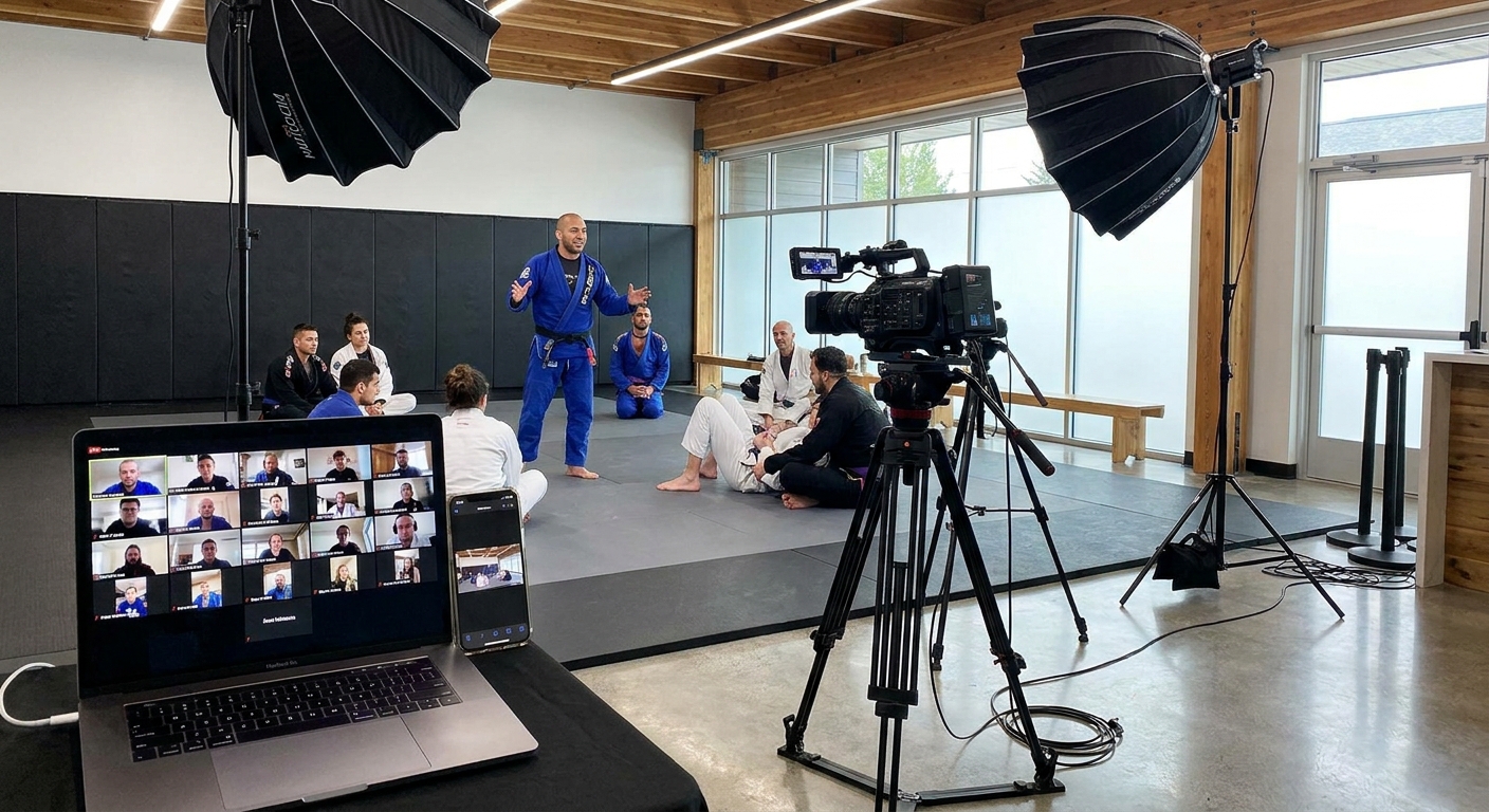 aula hibrida de jiu jitsu online e presencial com professor transmitindo ao vivo