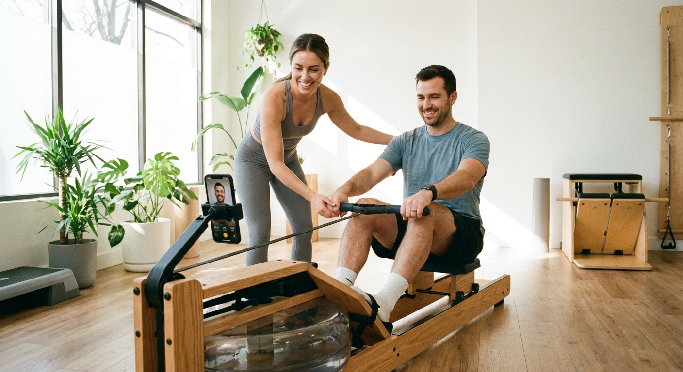 Aula de Pilates Remo Indoor com app Personal Millbody Professora orientando aluno no Remo Indoor com apoio do app Personal Millbody
