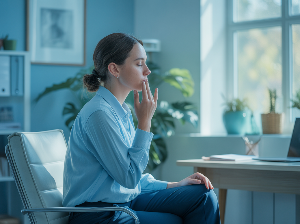 Profissional de saúde mental praticando meditação como parte de seu autocuidado essencial com yoga.