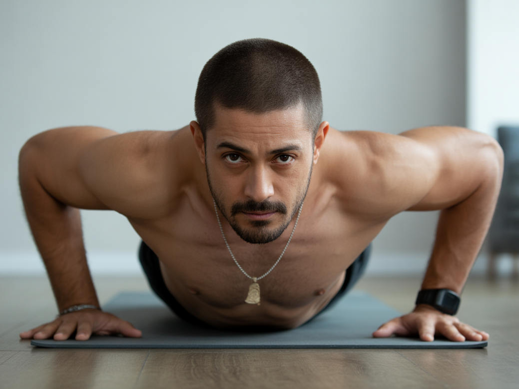 Praticante de yoga na postura Bakasana, mostrando a força de ombros necessária para a definição muscular.