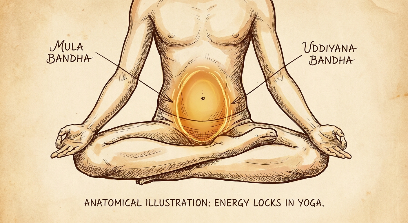 Bandhas no Yoga – Fechos energéticos Ilustração anatômica de praticante de yoga com destaque na região abdominal e pélvica indicando os bandhas