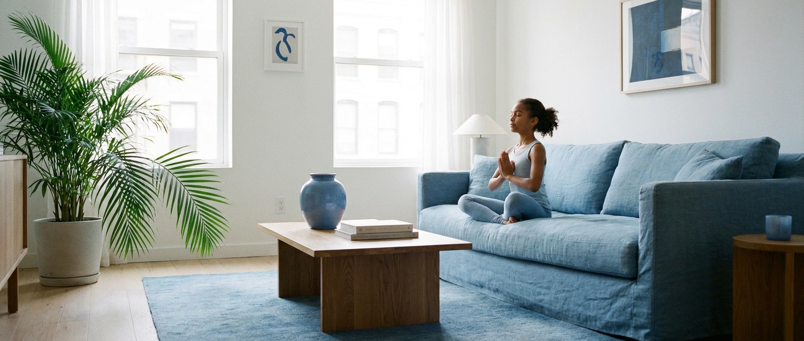 Jovem praticando yoga em casa com luz natural