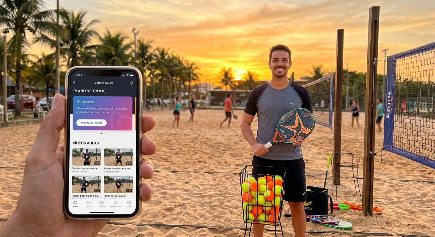 Personal trainer de beach tennis usando app personalizado para treinos na quadra — app de treino para beach tennis